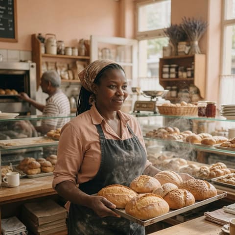 A bakery owner holding a tray of fresh-baked bread behind the counter of a warm