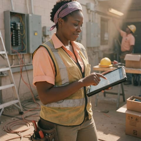 An electrician reviewing a job checklist on a tablet at a bright work site