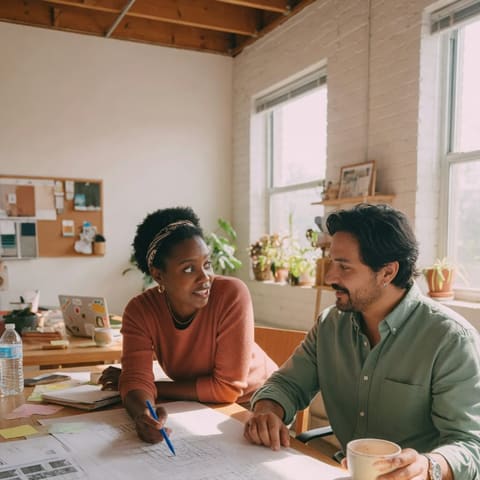 Two small-business partners reviewing plans together at a table in a bright workspace