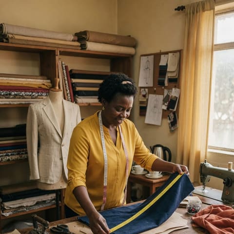 A tailor measuring fabric with a tape at a workbench in a small